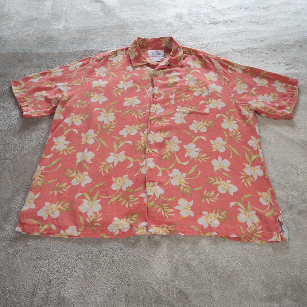 28 Palms Men Pink Floral Hawaiian Shirt Size XL Silk Linen Tropical Short Sleeve